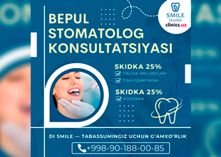 BEPUL stomatolog konsultatsiyasi + SKIDKALAR 25% gacha Di Smile klinikasida — sizning tabassumingiz bunga arziydi!